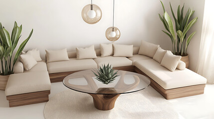 A living room with a sectional sofa, round table, and hanging light fixtures