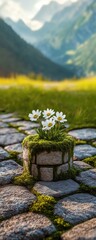 Obraz premium Small stone planter with white flowers, nestled amidst a cobblestone path, with a backdrop of misty mountains