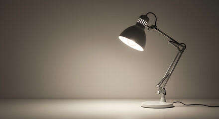 Modern white desk lamp with adjustable arm illuminates a clean workspace
