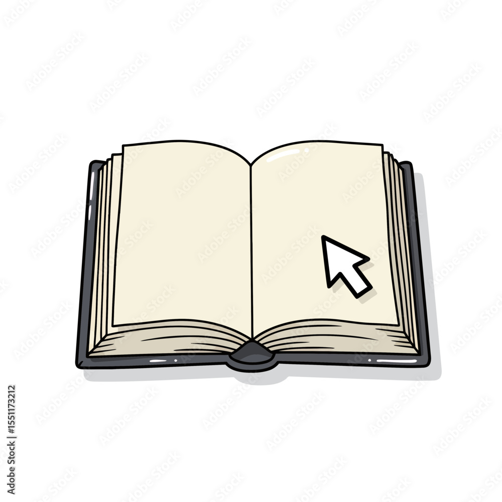 Poster conceptual digital education illustration showing an open book with blank pages and a computer curso