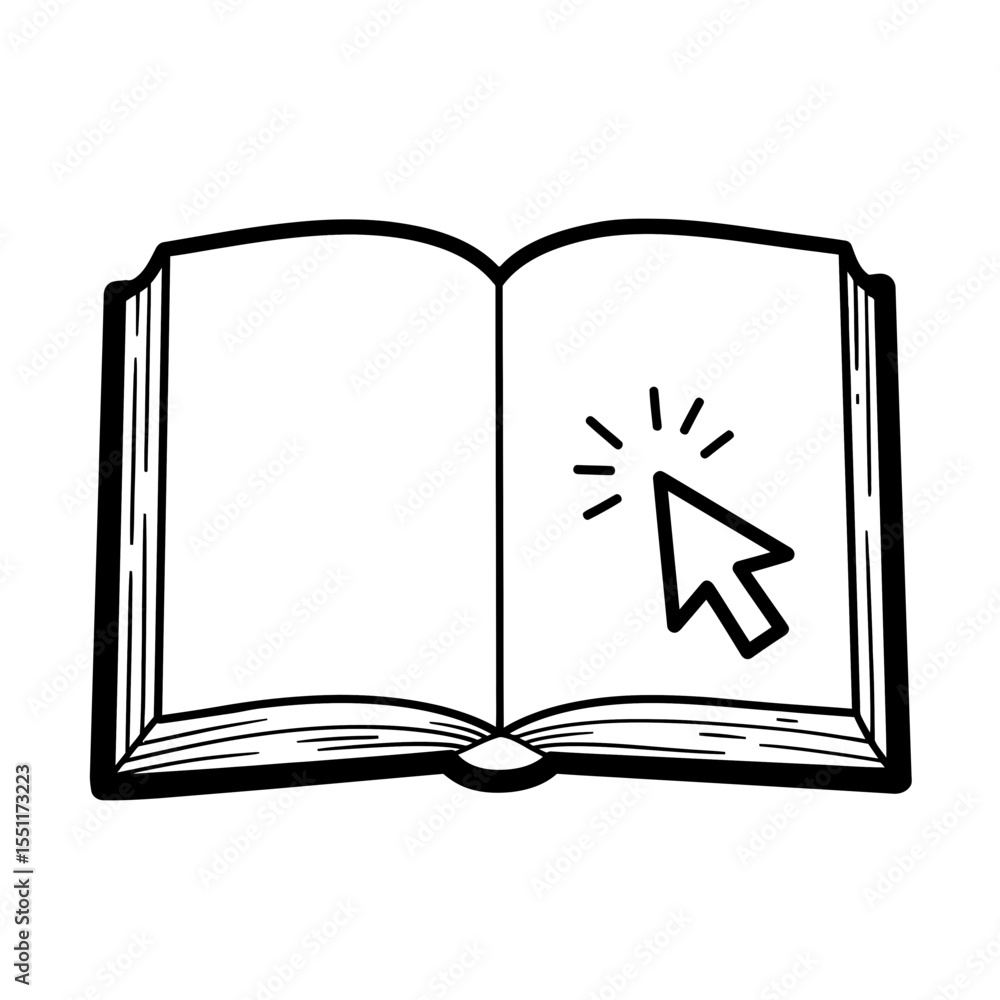 Poster digital education concept hand drawn illustration featuring open book and computer cursor clicking s
