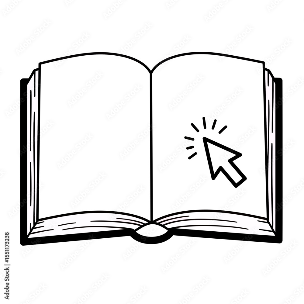 Poster digital learning concept with open book illustration and computer cursor pointing to the page symbol