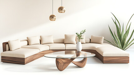 A modern living room with a curved sofa, glass table, and hanging light fixtures