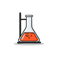 Bright orange liquid in a scientific Erlenmeyer flask with visible bubbles securely positioned on a dark lab stand simple flat style illustration promoting education research and