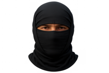 Masked individual wearing black balaclava, revealing intense eyes against transparent background