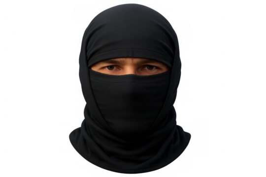 Masked individual wearing black balaclava, revealing intense eyes against transparent background