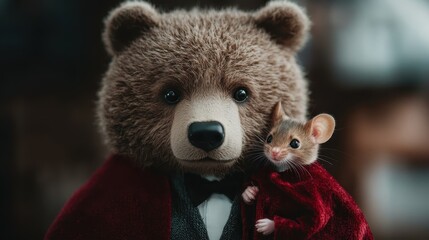 An imaginative scene features a cuddly teddy bear in formal wear alongside a small mouse, showcasing a whimsical friendship with a touch of humor and warmth.