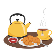 Breakfast tray with tea croissants and jam illustration on white background