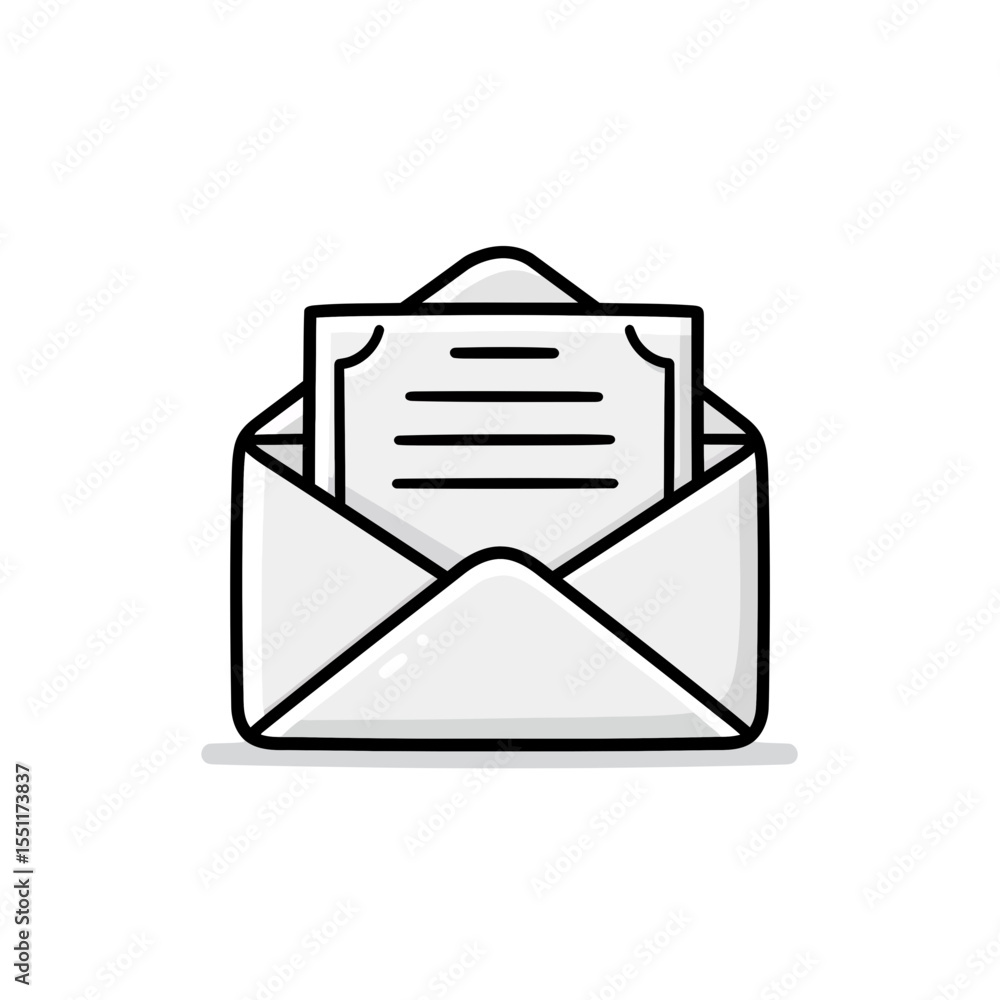 Poster clean sketch line style vector illustration showing an open white mail envelope containing a paper d