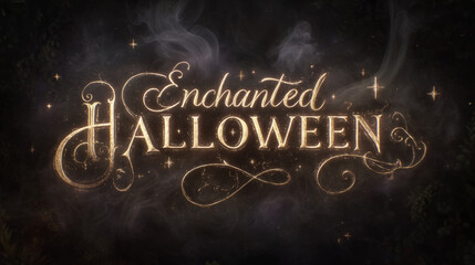 glowing handwritten Enchanted Halloween floating over swirling smoke and stars
