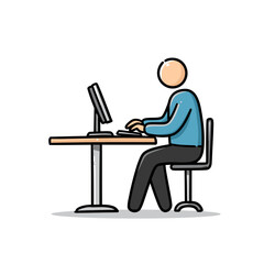 Illustration of person focused on computer work sitting at a desk depicting digital productivity and online tasks in a modern office setting flat doodle style line art vector