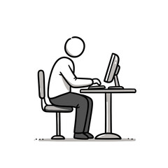 Simple Line Art Illustration of a Person Working Diligently at a Desktop Computer Screen Engaged in Focused Concentration on Digital Tasks and Online Activities