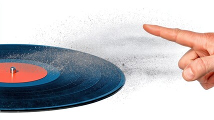 A hand pointing at the edge of an old vinyl record with dust particles floating. A vinyl disk with orange label. Retro release. Analog sound. Audio