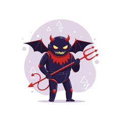 Cartoon Robot Devil Character with Trident and Bat Wings Illustration