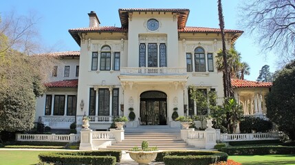 Fototapeta premium A grand, white mansion with red tile roof, symmetrical facade, multiple windows, a central entrance, and a wide staircase leading to the front door, surrounded by lush landscaping
