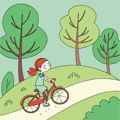 Joyful girl riding her bicycle on a path amidst trees in a park illustration