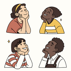 Diverse group lost in daydreams, contemplating future, imagining possibilities