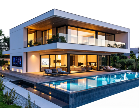 “Box-Shaped Futuristic Smart Villa with Digital Panels and Private Pool, Transparent Background”.