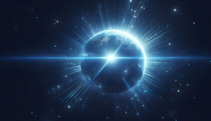 Obraz premium Blue light flare - flash light streak ray - large light flare behind the planet