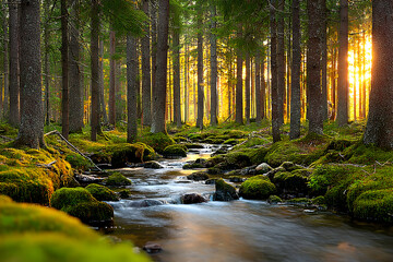 Fototapeta premium Serene forest stream, lush greenery and sunlight filtering through trees, peaceful nature scene ideal for relaxation themes.
