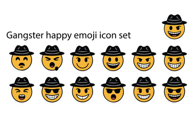  Gangster happy emoji icon vector set. Emoji smiling face or yellow emoticon