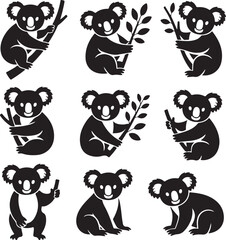 Obraz premium Cute black koala silhouette collection on trees, great for Australian art, wildlife decor, and vector design sets