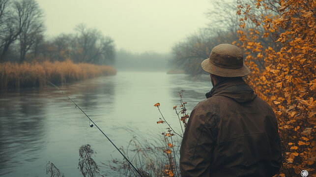 man on rocky shore holding freshly caught fish, smiling with green forest background 