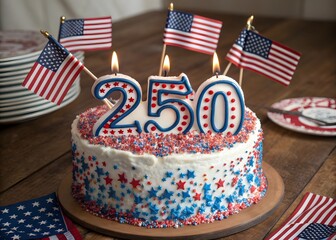 Festive Patriotic Cake Celebrates 250th Anniversary with Red White Blue Sprinkles and Candles