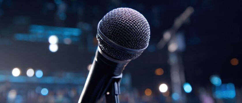 The microphone poised for a thrilling live performance under vibrant stage lights.
