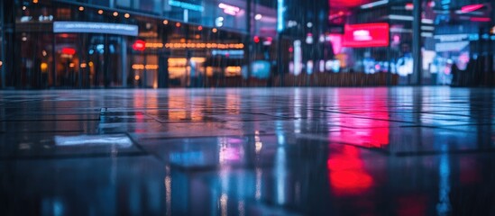 Night city street reflections on wet pavement