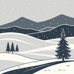 Obraz premium Stylized winter landscape with snowy hills and evergreen trees illustration