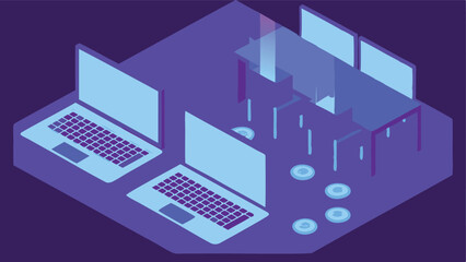 Tech workspace with glowing laptops and transparen