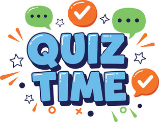 quiz time chunky cartoon lettering with speech bubbles, stars and check icons