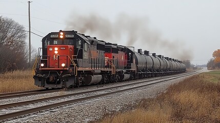 A long freight train, primarily orange and black locomotives pulling numerous tanker cars, moves along tracks through a flat autumnal landscape under a hazy sky.  Smoke billows from the engine