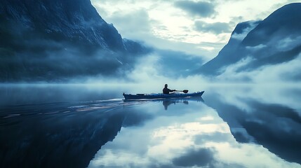 Kayaker paddles through misty mountain reflection