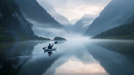 Kayaker paddling in foggy mountain lake scenery
