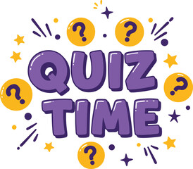 quiz time fun hand-drawn bold text with question mark icons and colorful spark doodles