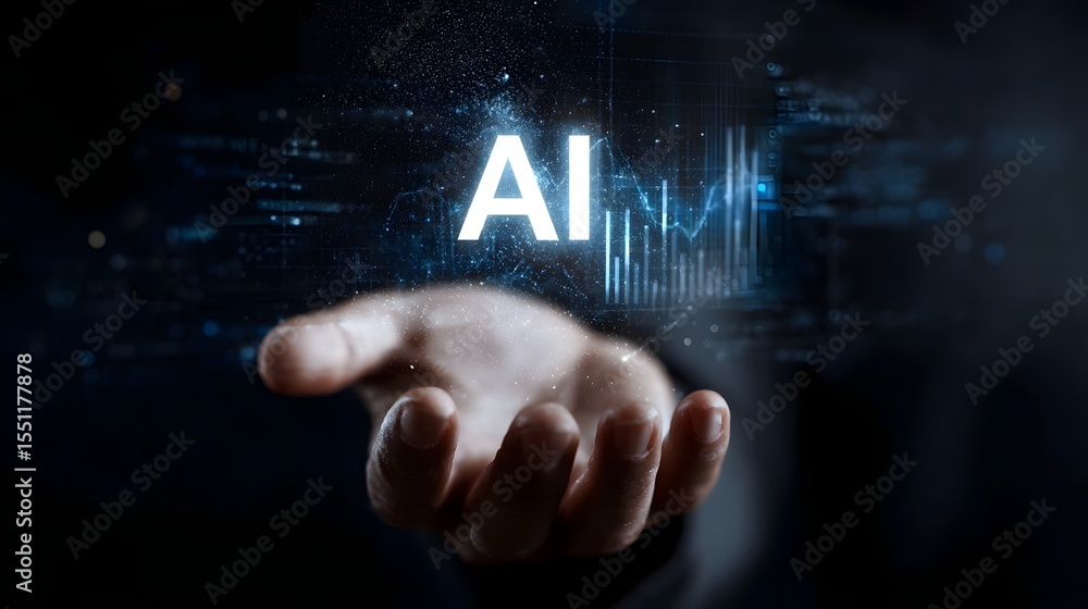 Aufkleber hand reaching toward floating hologram surrounded by data visualizations