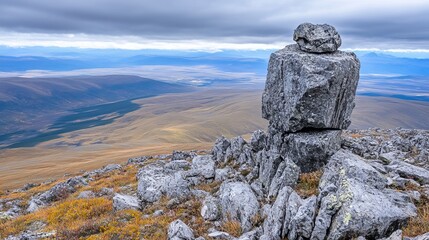 A majestic rock formation stands atop a mountain, overlooking a vast, expansive valley under a brooding sky.  Dry, rocky terrain and autumnal hues dominate the landscape