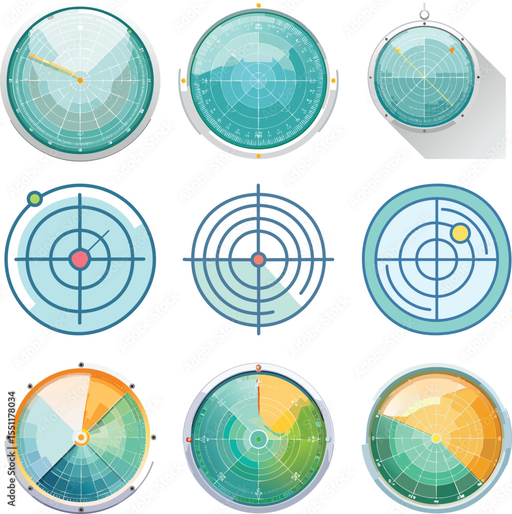 Poster radar icon flat vector military scanning device for target detection.