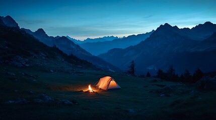 A tent and campfire at dusk in the mountains view