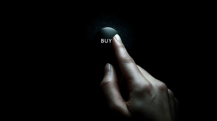Holographic buy button touched by hand in dark minimalist background