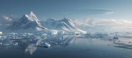 A serene arctic landscape with snow-capped mountains reflected in still, icy waters, overlooked by a hovering, elliptical object in the sky