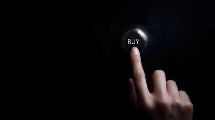 A hand touching a virtual BUY button in a minimalist digital interface