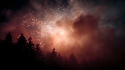 Naklejka premium Dramatic fireworks display amid misty forest scenery