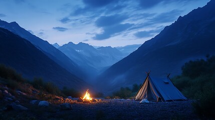 A tent and campfire in a mountain valley at night