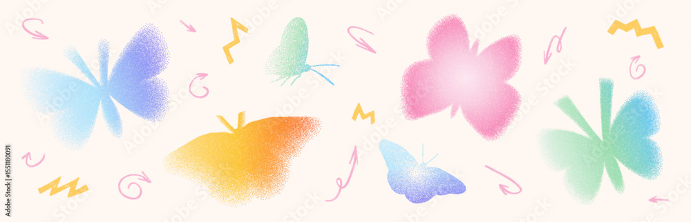 Poster grain colorful noise gradient butterflies shapes set. y2k iridescent forms. gritty grunge butterfly 