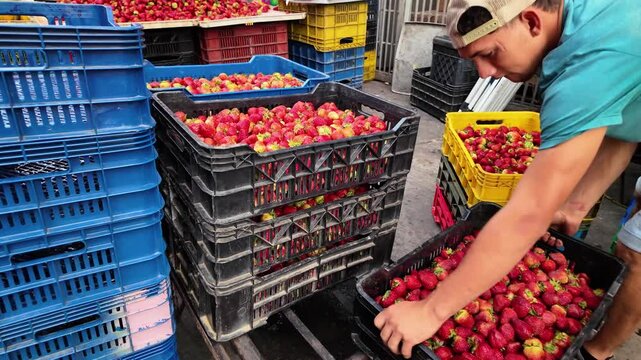 Food Supply. Worker man carry Basket with reds strawberries. Stacked boxes in background at street maket, Latin America Culture