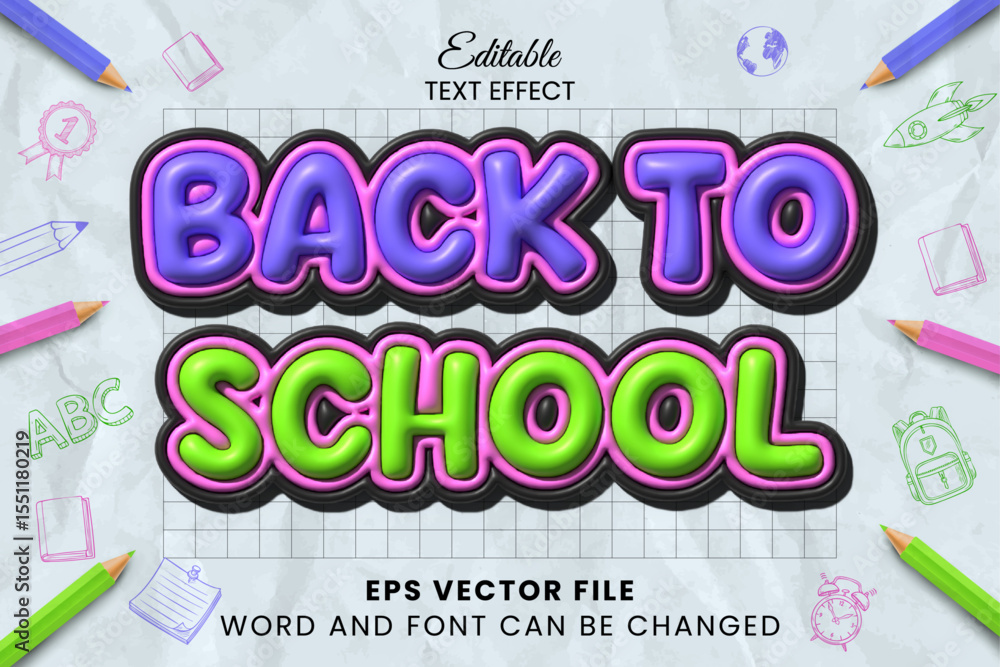 Aufkleber back to school 3d inflated 3d editable vector text effect. colorful school text style