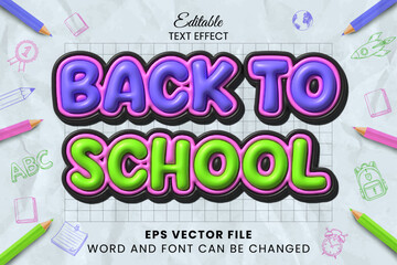 Back to school 3d inflated 3d editable vector text effect. Colorful school text style